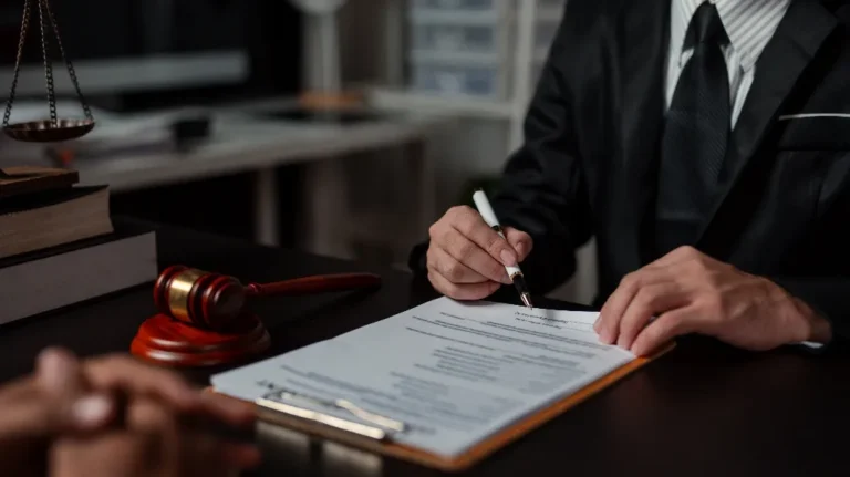 Person in dark suit signing legal document on clipboard with gavel and scales nearby.