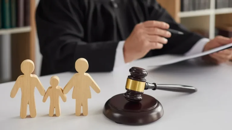 Wooden family figures and a judge's gavel on a desk with a person reviewing documents.