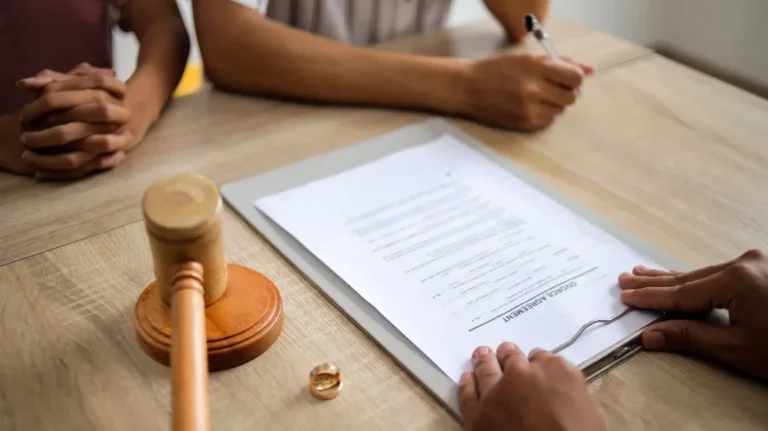 Wooden gavel, wedding ring, and divorce agreement document on table with three people.